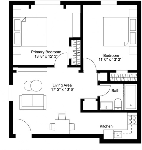 Floor plan view of a 2 bedroom apartment at Kent Apartments in Lowell MA